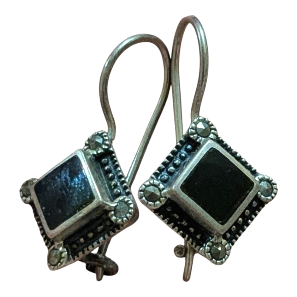 Vintage estate Black Onyx Square 925 Sterling Silver rare black rhinestone
